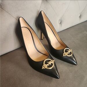 Coach Audrey 90 LTR Pump leather heels, black slides, shoes size 5.5